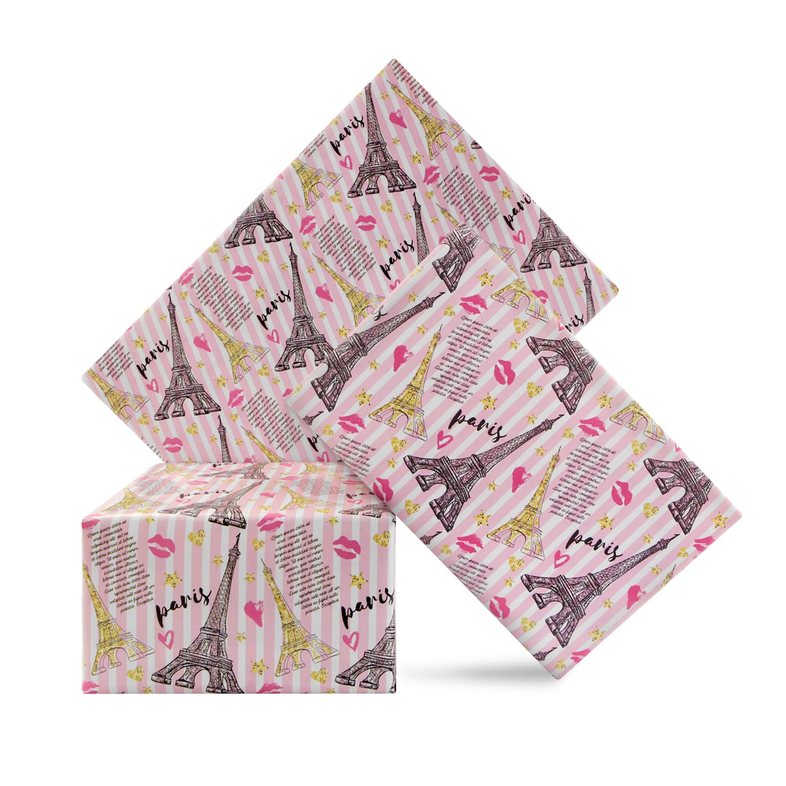 Paris Eiffel Tower Wrapping Paper, 4 Sheets 50x70cm Pink Background with Romantic Travel Theme for Birthday, Anniversary, Valentine's Gifts