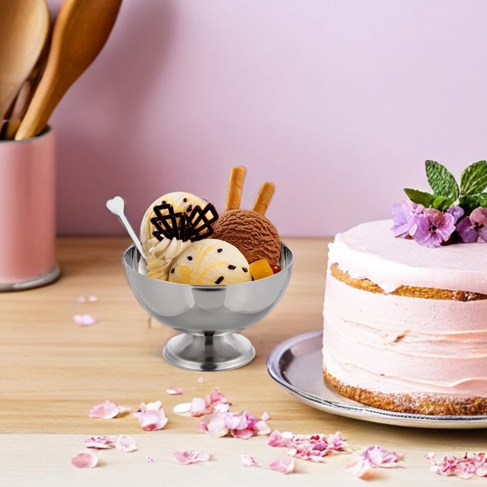 SHINEOFI Eisbecher, 6 Stück, 300 Ml, Edelstahl-dessertbecher mit Gabel, Salatschüssel, Eisbecher mit Fuß für Eiscreme, Joghurt, Süßigkeiten, Snacks, Obst, Kuchen – Party, Zuhause, Restaurants