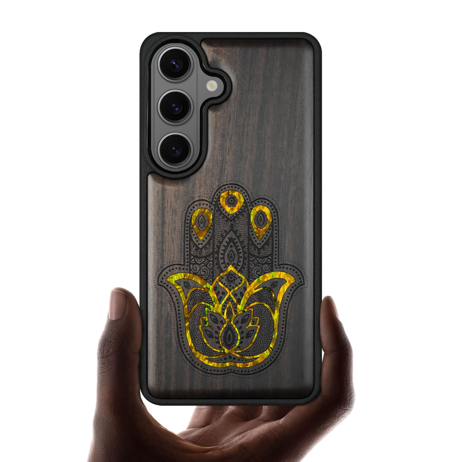 Carveit Drewniane magnetyczne etui na telefon komórkowy Samsung S26 [drewniany grawerunek i wkładka muszlay] osłona zderzaka kompatybilna z Galaxy S26 Case (wzór hamsa zdobiony ciemnym drewnem)
