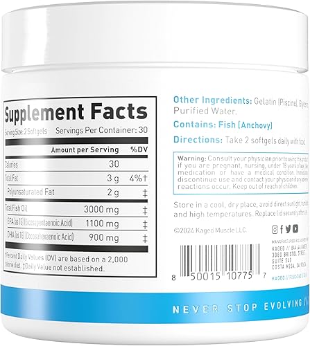 Miniatura 8 de Kaged Suplemento de aceite de pescado Omega 3, 3000 mg de ácidos grasos Omega 3 con EPA y DHA, ultra puro, sin eructos de pescado, 60 píldoras