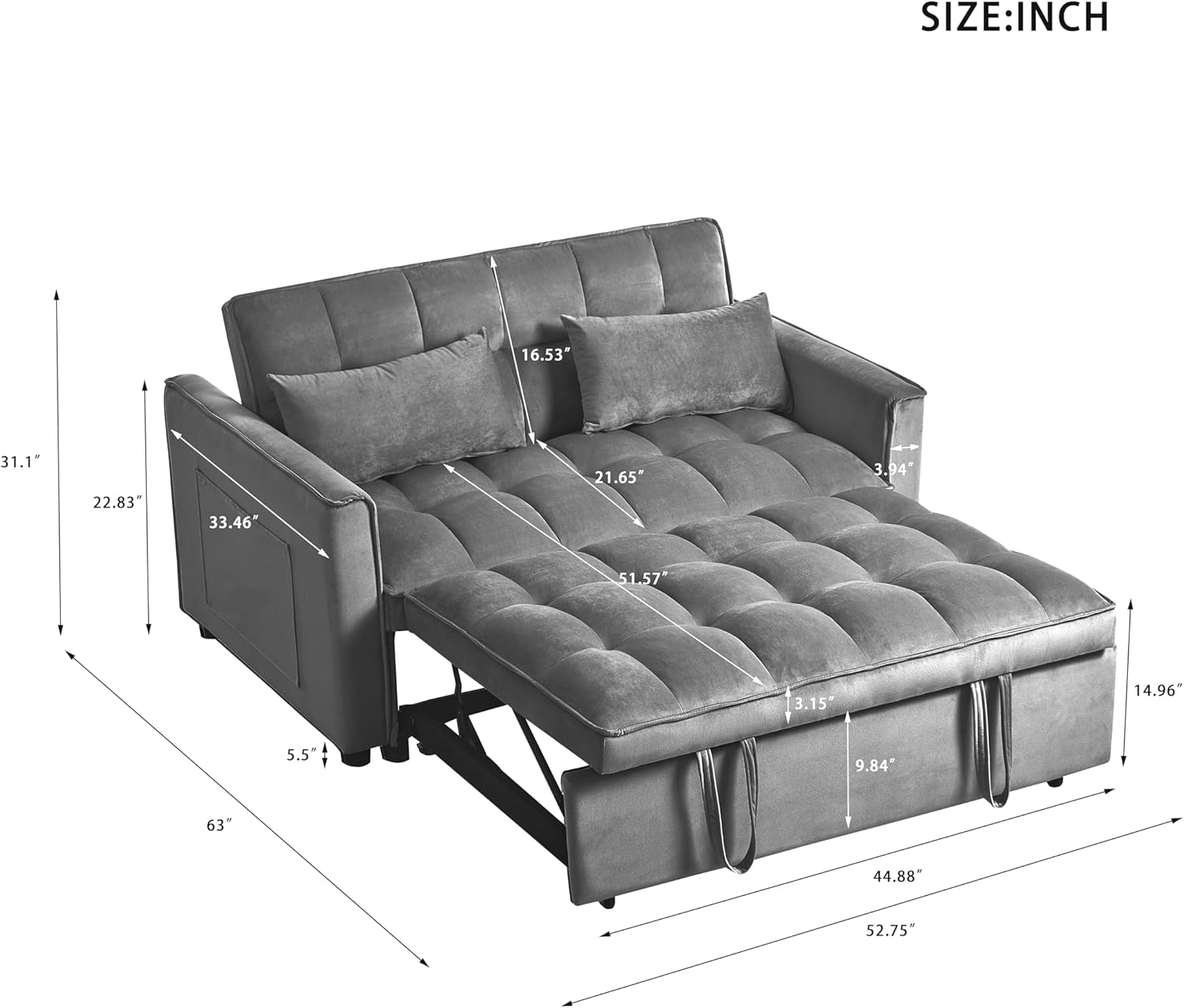 3 in 1 Convertible Sofa Bed, Love Seat Sleeper Bed with Side Pockets, Velvet Fabric Pull Out Couch with Adjustable Backrest for Living Room, Bedroom, Apartment, Dark Gray