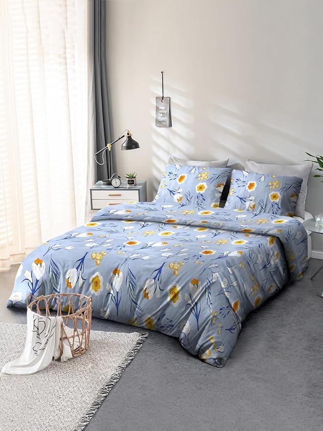 Cortina 120 TC 100% Microfiber Printed Double Bedsheet Set with Two Pillow Case | King Bedsheet Set|Breathable and Skin Friendly| (2.5x2.3m, Floral - Blue)