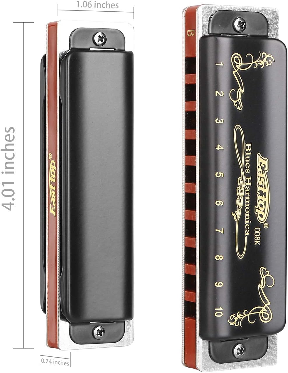 Easttop Harmonica Key of B 10 Hole 20 Tone Diatonic Blues Harmonica B with Case Top Grade for Professional Player,Beginner (East Top)- Black