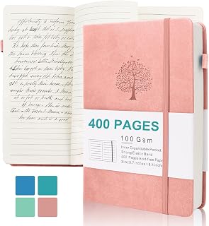 Journals for Writing, A5 Leather Ruled Notebook with 400 Pages, 100 Gms College Ruled Journal with Thick Paper, Hardcover with Inner Pocket & Pen Holder, Pink
