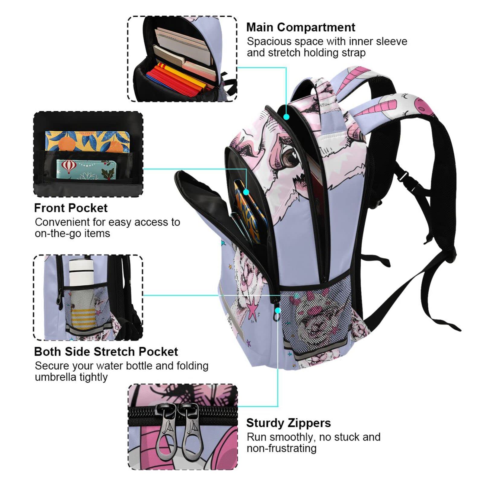 Mnrsuu Mochila de unicornio con diseño de llama, para niños y niñas, mochila de viaje para computadora portátil, E086