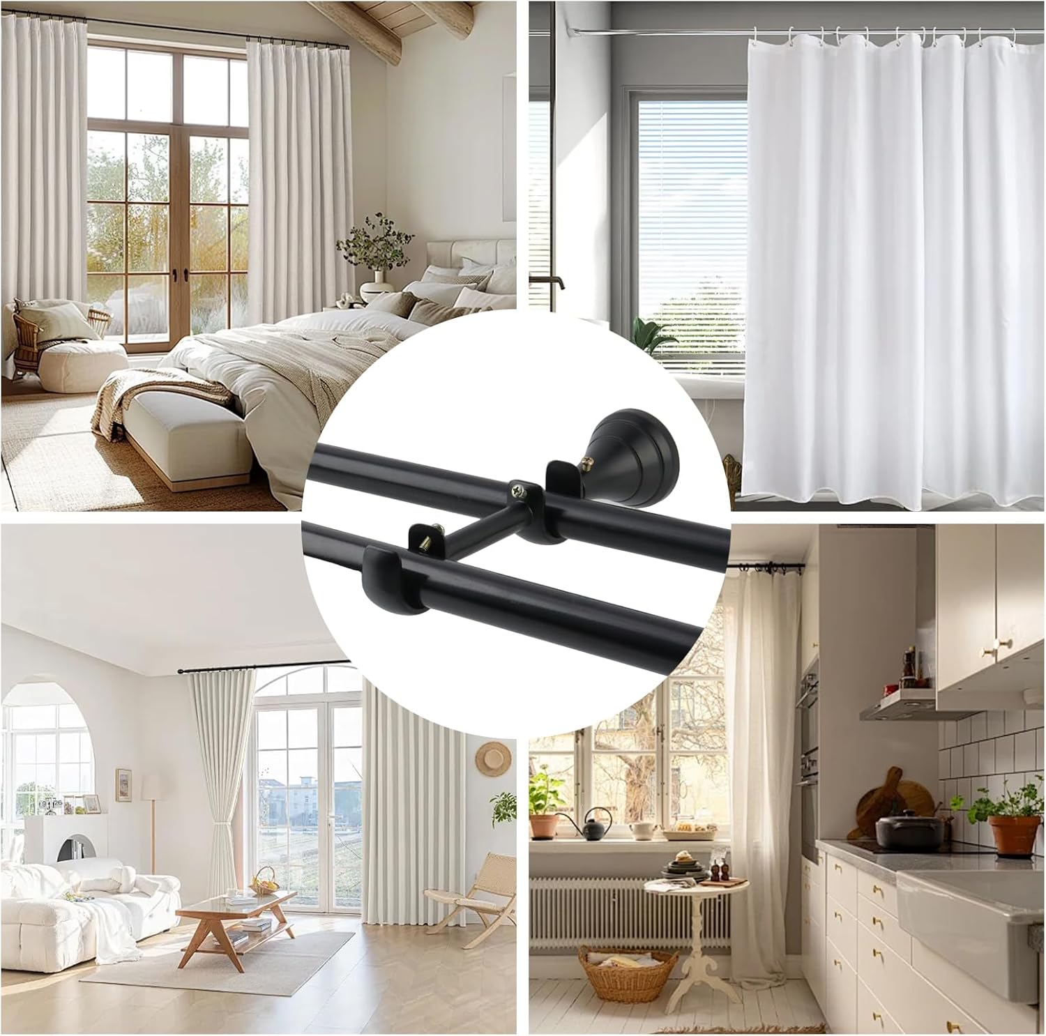 Double Curtain Rod Bracket Wall Mount Holder for 3/4 to 1 Inch Rods | Heavy Duty Rod Holders for Bedroom Living Room Layered Window Curtains(4Pcs)