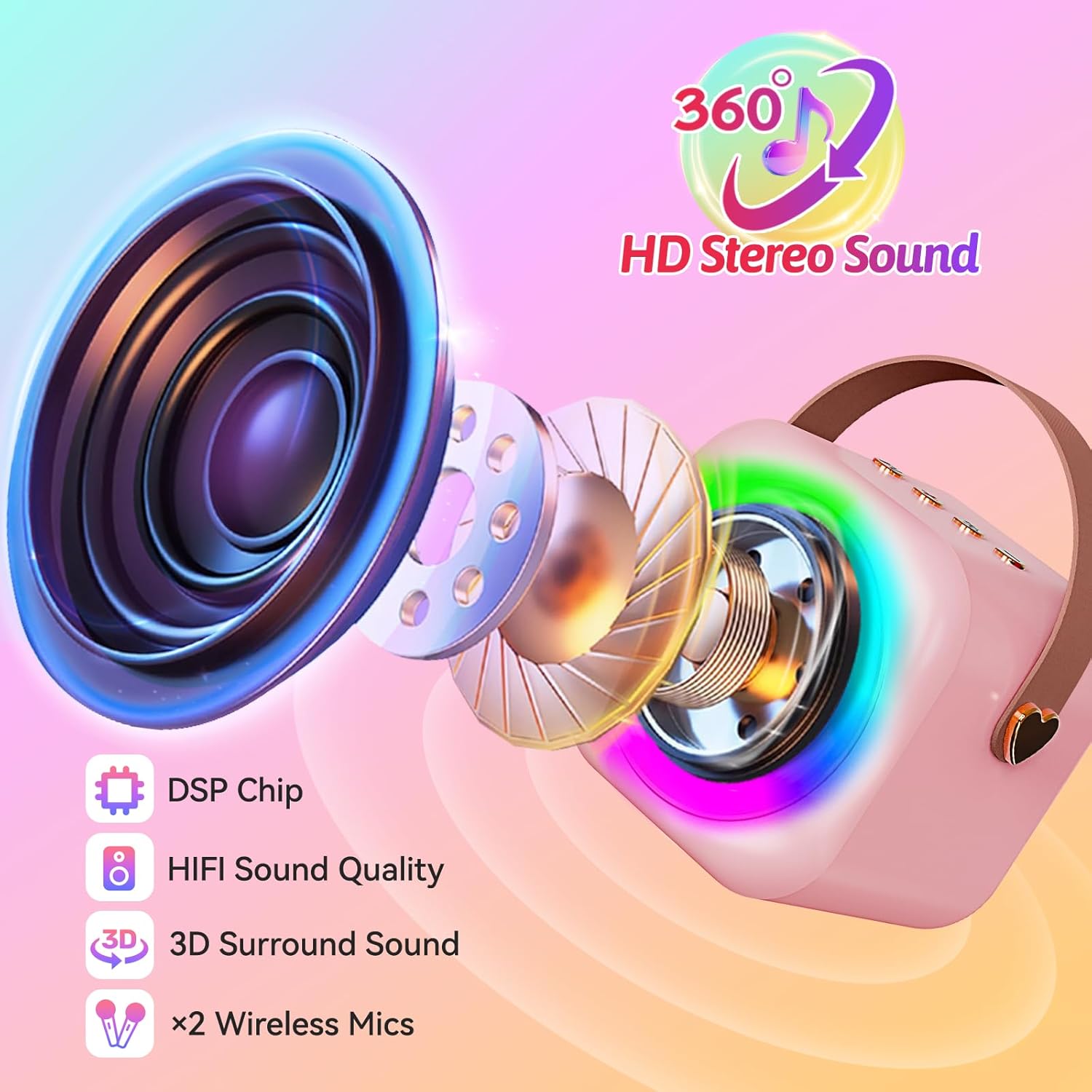 Mini Karaoke Machine with 2 Wireless Microphones,Gift for 3-12 Years Old, 2026 Best Christmas Birthday Toy for Girls Boys Party (Pink) - Image 4