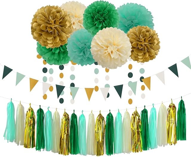 Party Decoration 23pcs Kits-Paper Flowers,Banner Flags,Tassel Garland,Baby Bridal Shower Birthday Decorations Wedding Bachelorette Engagement Bunting Lasting Surprise (Sage-Green Beige-Gold)