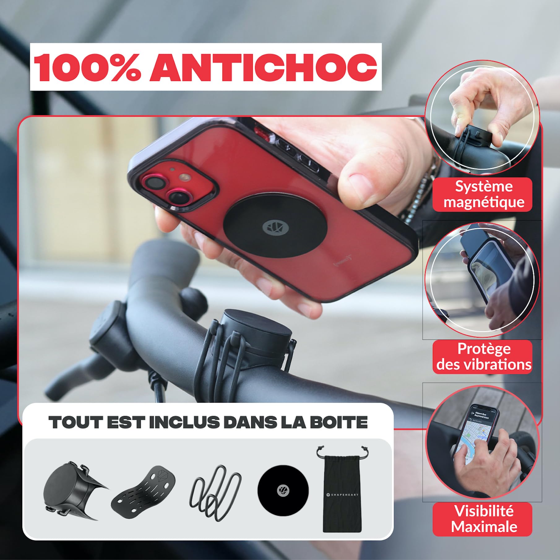 Shapeheart Support Téléphone Vélo Magnétique - Pose et Retire en Une Main - Fixation Guidon Universelle pour VTT, Moto, Trottinette - Plaque Métallique Incluse - Maintien Stable, Rapide et Amovible