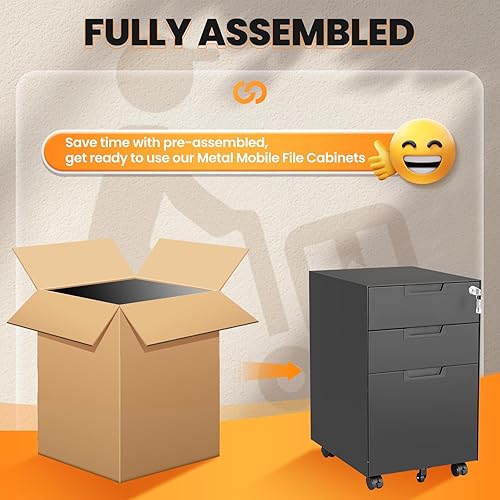 Vista 160 de Archivador de 3 cajones, archivador móvil totalmente ensamblado con cerradura para oficina en casa, caninete de metal con ruedas, cabina de tres