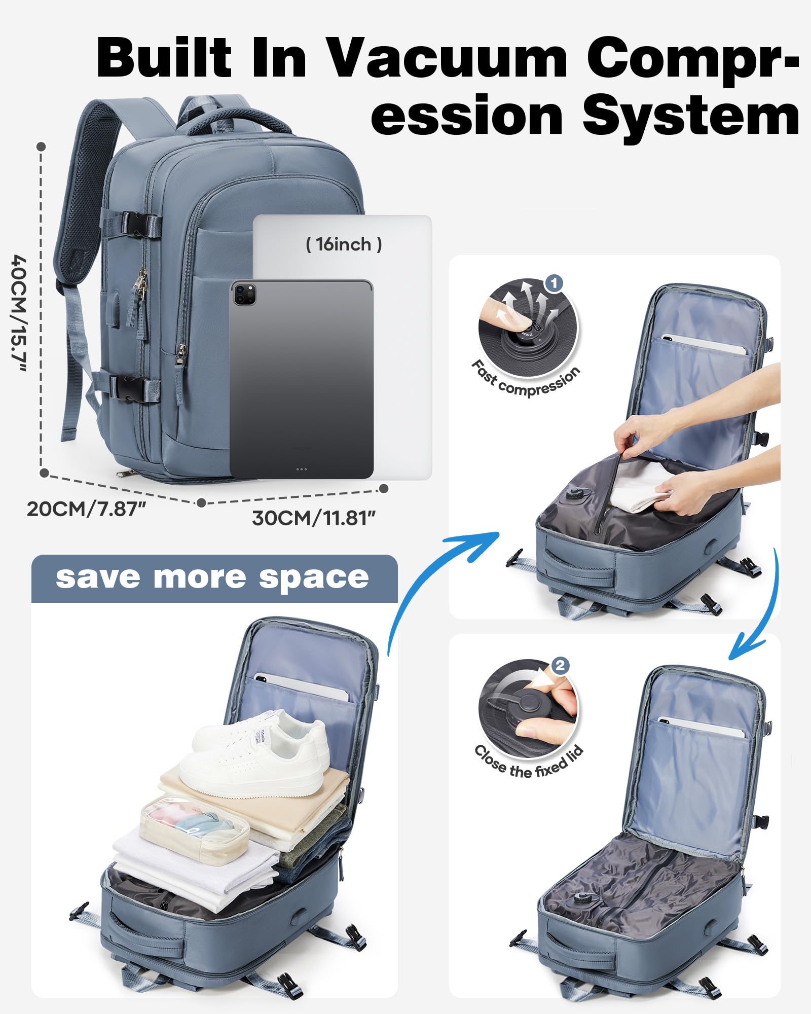 Zaino Ryanair 40x30x20 Sottovuoto Con Pompa 40x20x25 Zaino da Viaggio Aereo Bagaglio a Mano Con Porta Scarpe Wizzair Zaini Donna Uomo (Blu)