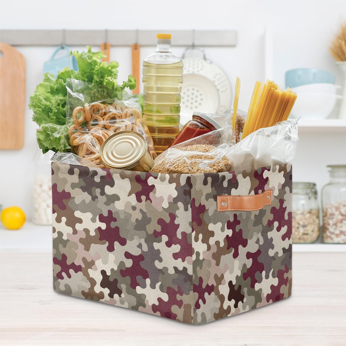 Small Storage Basket With Handles Kids Toy Camouflage Green Abstract Storage Bins Collapsible Fabric Cube Storage Organizer Hamper for Nursery Living Room Bedroom Shelves Clothes Toy Box Gifts