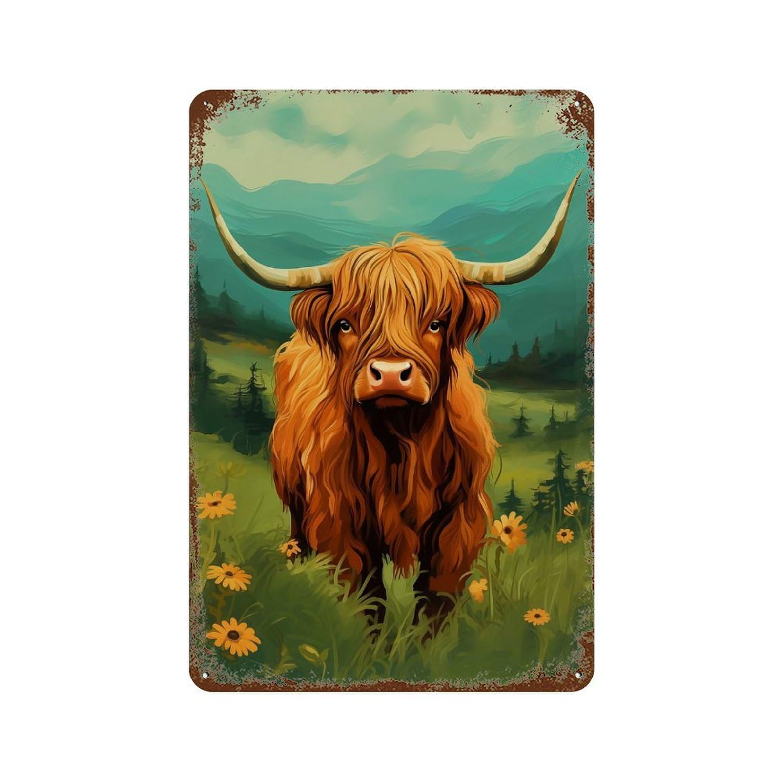 Rust Effect Highland Cow in Meadow Retro Metal Sign 11.8"x7.9", Novelty Wall Decor for Bistro, Counter And Cafe Decor