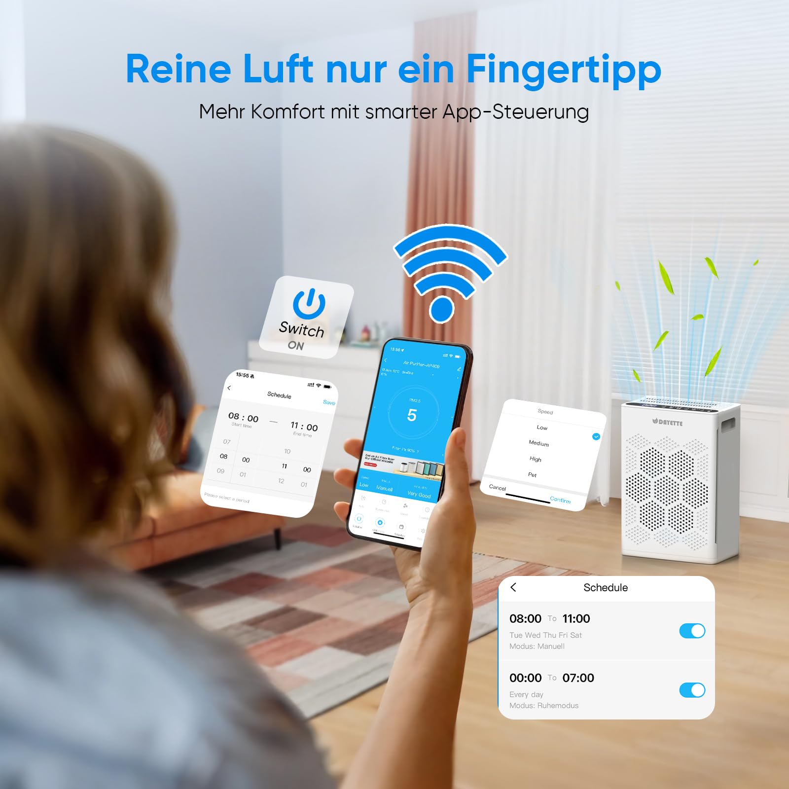 Luftreiniger Allergiker für Wohnung, HEPA H14 Filter mit waschbarem Vorfilter gegen Zigarettenrauch, Schimmel und Gerüche, CADR 300m³/h, App- und Alexa-Steuerung