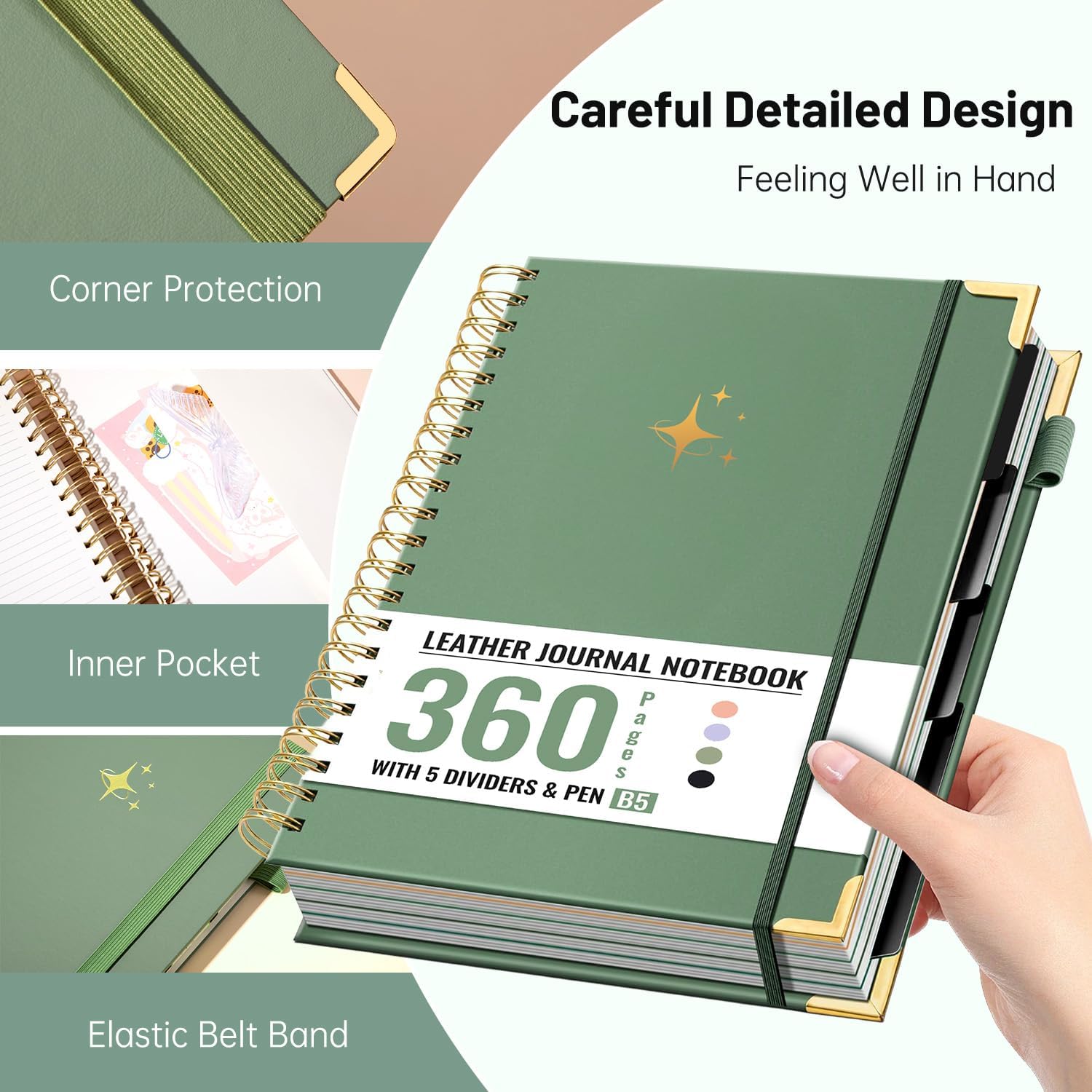 FLYING EAGLE Leather Spiral Notebooks for Work 5 Subject Notebook College Ruled with Dividers Pen, 360 Pages B5 Hardcover Lined Journals for Women Men Writing,Green