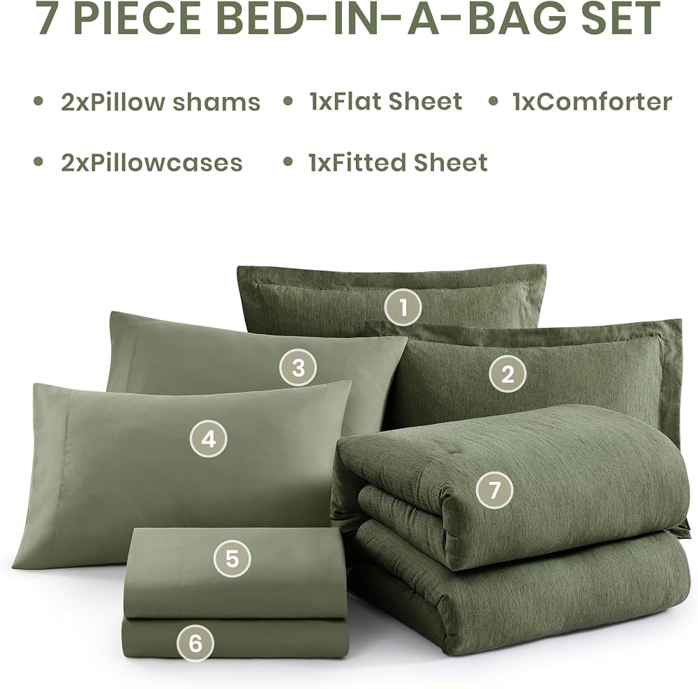 Monbix Queen Comforter Set - 7 Pieces Cationic Dyeing Olive Green Bed in a Bag Queen Bedding Sets with Comforter, Sheets, Pillowcases & Shams, Reversible Bedding Comforters Sets