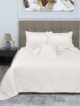 Linenwalas Organic Cooling Viscose from Bamboo 5PC Bedspread Set for Home Decoration- Super Breathable Quilted Bedding Set with 1 Bedcover, 2 Pillow Shams, 2 Pillow Cases King/Cal-King, Ivory