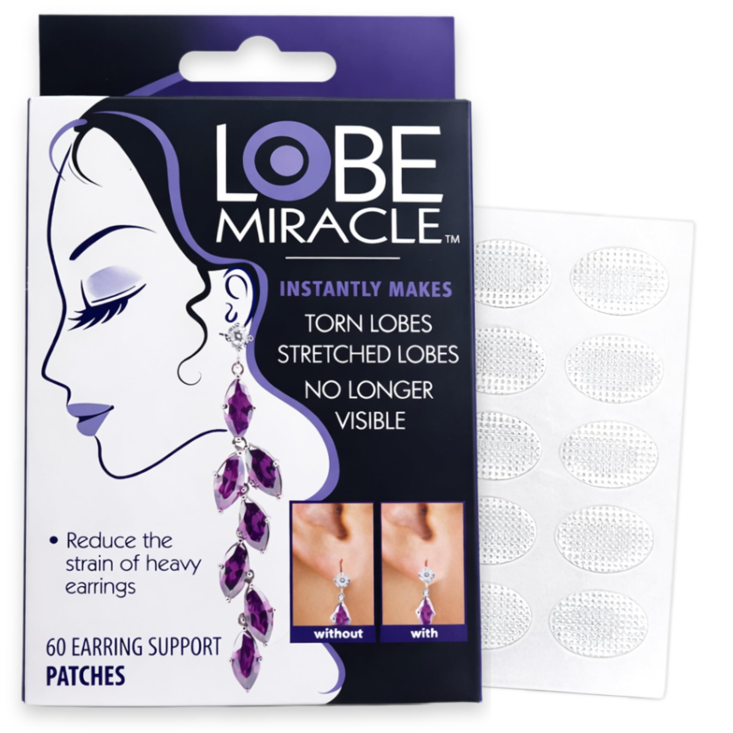 Lobe Miracle- Clear Earring Support Patches - Earring Backs For Droopy Ears - Ear Care Products for Torn or Stretched Ear Lobes (60 Patches)