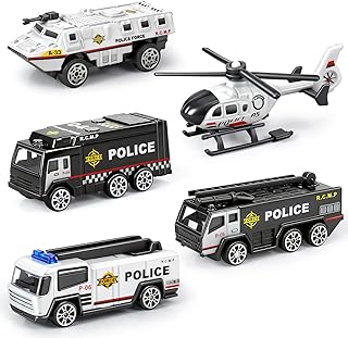 5 Pack Police Car Toy, Mini Diecast Model Cars Set for Boy Toys 3 4 5 6 7 Years Old, Realistic Patrol Rescue Police Toy Cars and Helicopter, Christmas Birthday Gifts for Kids Toddlers