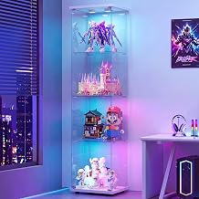 Glass Display Cabinet, 164 x 42.5 x 36.5 cm, Display Case for Collections with 4 LED Shelves, 1 Door with Lock, Glass Cabinets for Living Room, Bedroom, Hallway, Glass Showcase, White