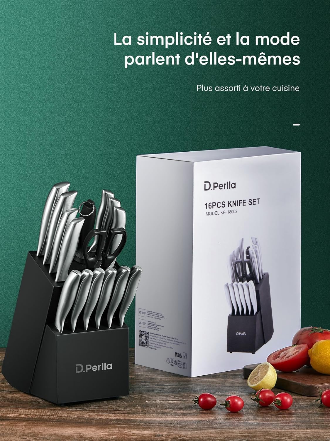 D.Perlla Couteaux de Cuisine, Set Couteau de Cuisine 16 Pièces en Acier Inoxydable, Bloc de Couteaux Professionnel avec Support en Bois