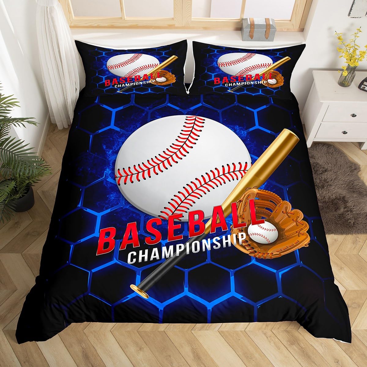Manfei Baseball Duvet Cover Set Double Size, Ball Games Sports Themed Comforter Cover with 2 Pillowcases, Royal Blue Honeycomb Bedding Set 3pcs for Kids Boys Bedroom Decor Lightweight Bedspread Cover — image 1