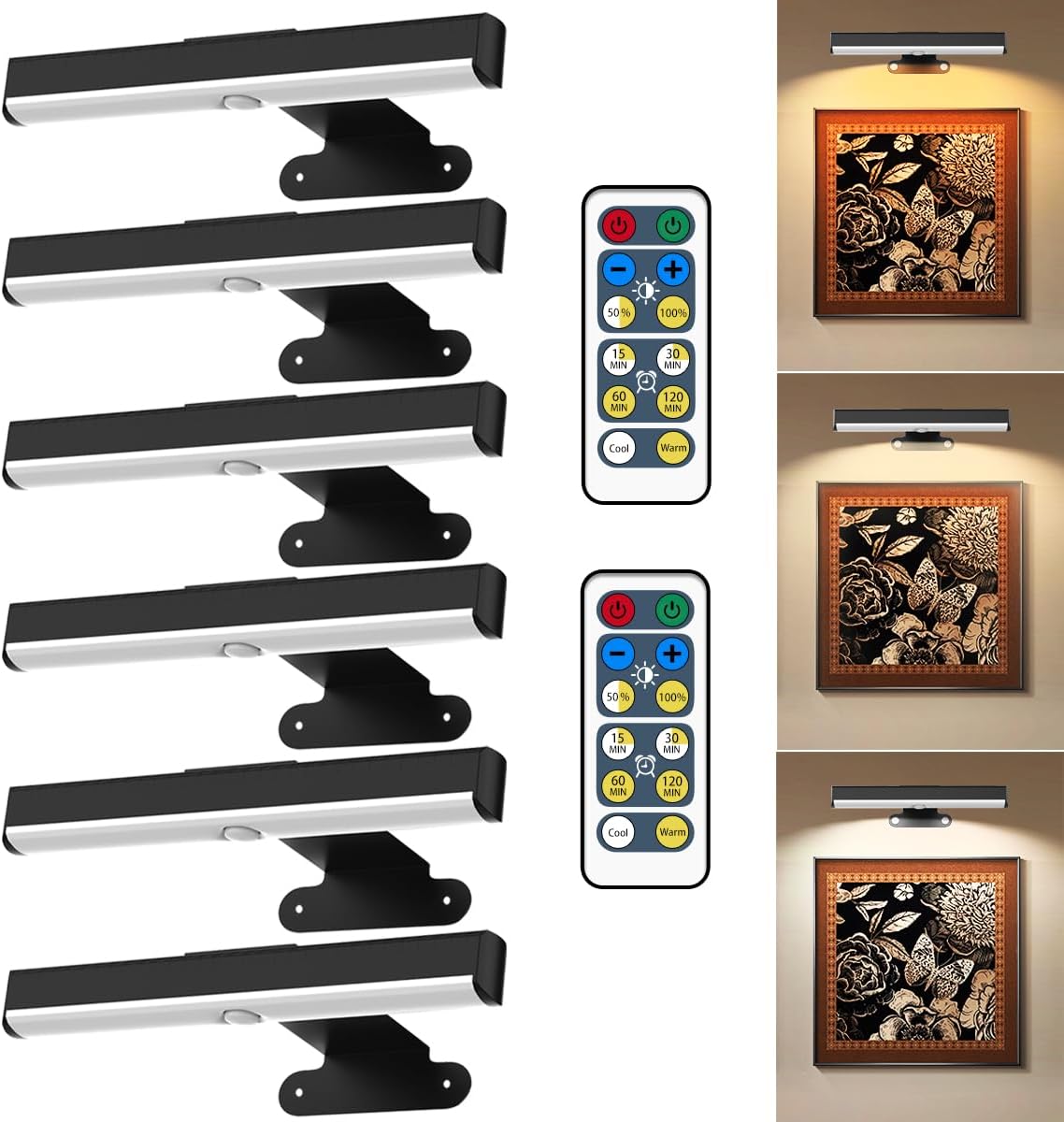 6pack wireless picture light for wall battery operated wall sconces with remote 3 lighting led painting light timer&dimmable art display lights for picture gallery posters living room home decor 6pack black