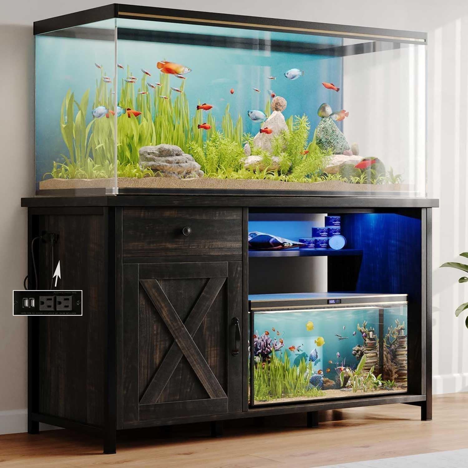 4ever2buy 55-75 Gallon Heavy Duty Aquarium Stand with Power Outlets, RGB LED Lights, Storage Cabinet - 1100LBS Oak Farmhouse Style