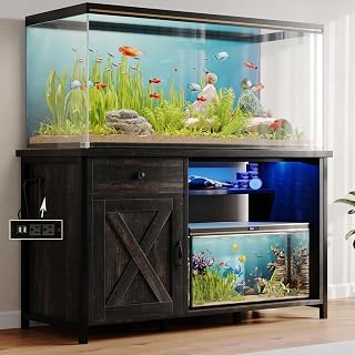 4ever2buy 55-75 Gallon Heavy Duty Aquarium Stand with Power Outlets, RGB LED Lights, Storage Cabinet - 1100LBS Oak Farmhouse Style