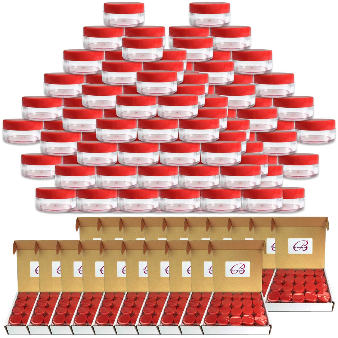 Qty 1000 Pieces Beauticom 10G 10ML Round Clear Jars with RED Lids for Pills Medication Ointments and other