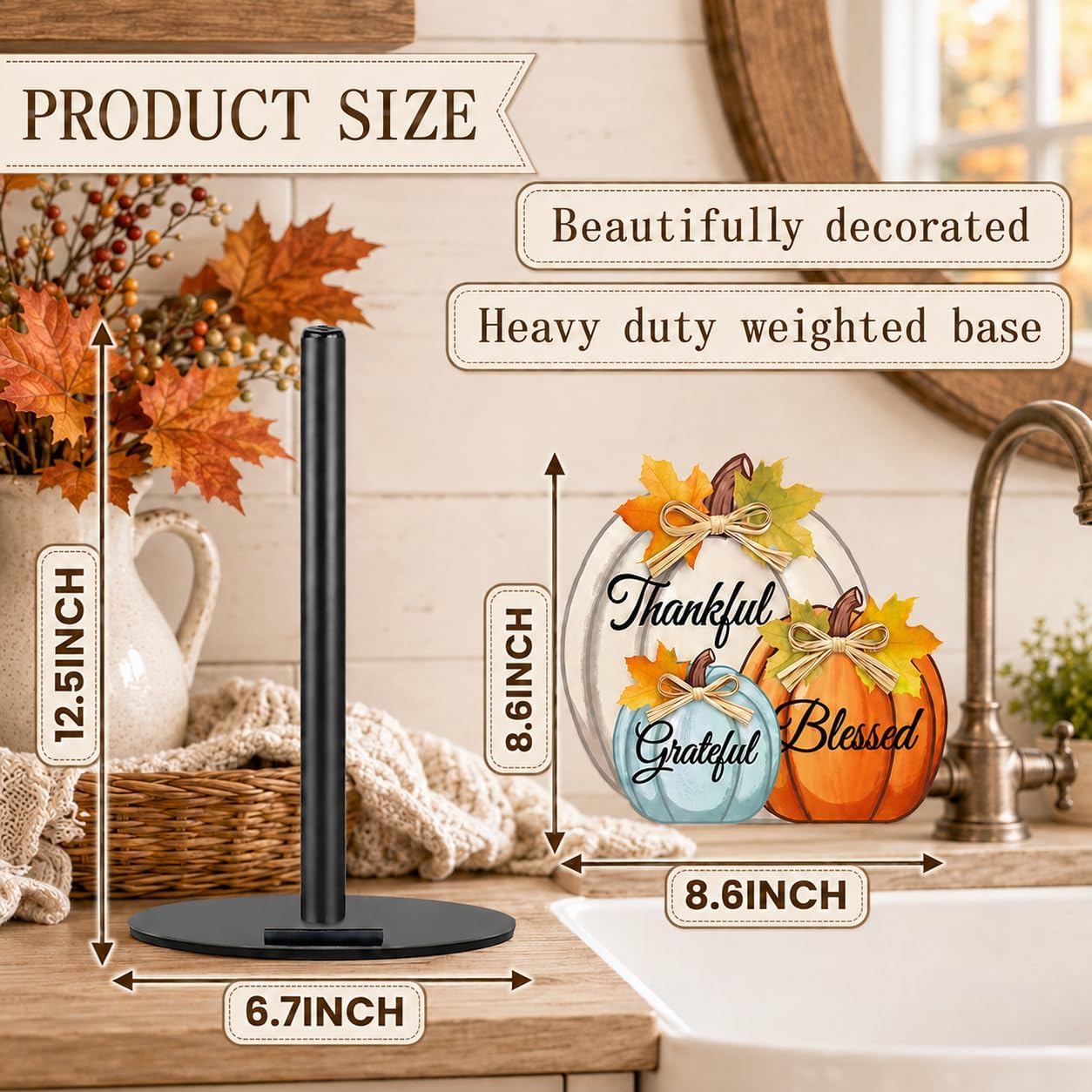 Fall Pumpkins Paper Towel Holder, Thankful Blessed Grateful Paper Holder, 3-Pumpkin Paper Towel Holder, Fall Thanksgiving Holiday Decoration for Kitchen Countertop Bathroom Home Farmhouse image 2