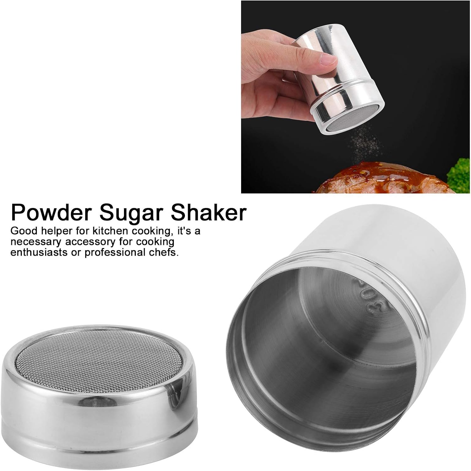 Powder Shaker with Lid, Sugar Shaker Stainless Steel Fine Mesh Coffee Cocoa Dredges Chocolate Shaker for Sifter Cocoa,Cinnamon Powder, Icing Sugar(L) - Image 4