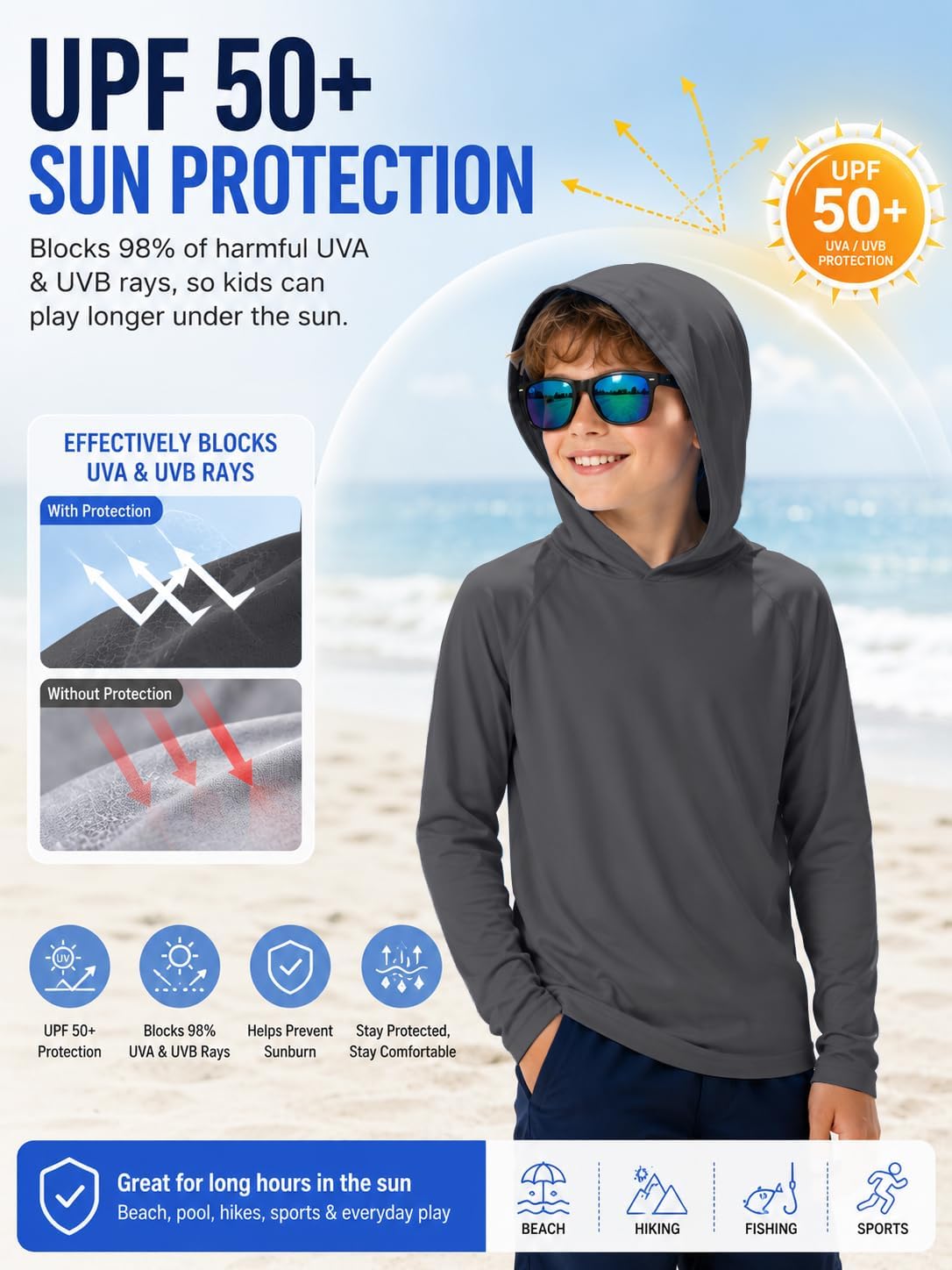 ZITY 3 Pack Rash Guard for Boys Girls Long Sleeve Hooded Swim Shirt Kids UPF50+ Sun Protection Fishing Shirt