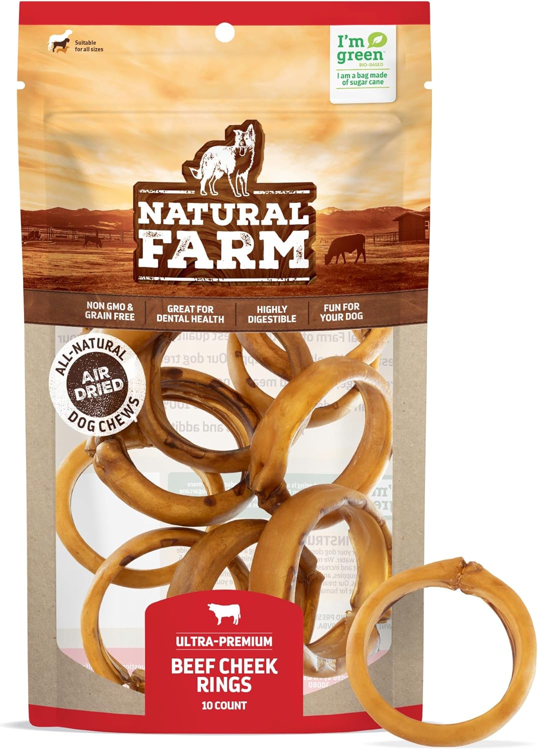 Natural Farm Cheek Bully Ring for Dogs (10-Pack) - 100% Beef Cheek