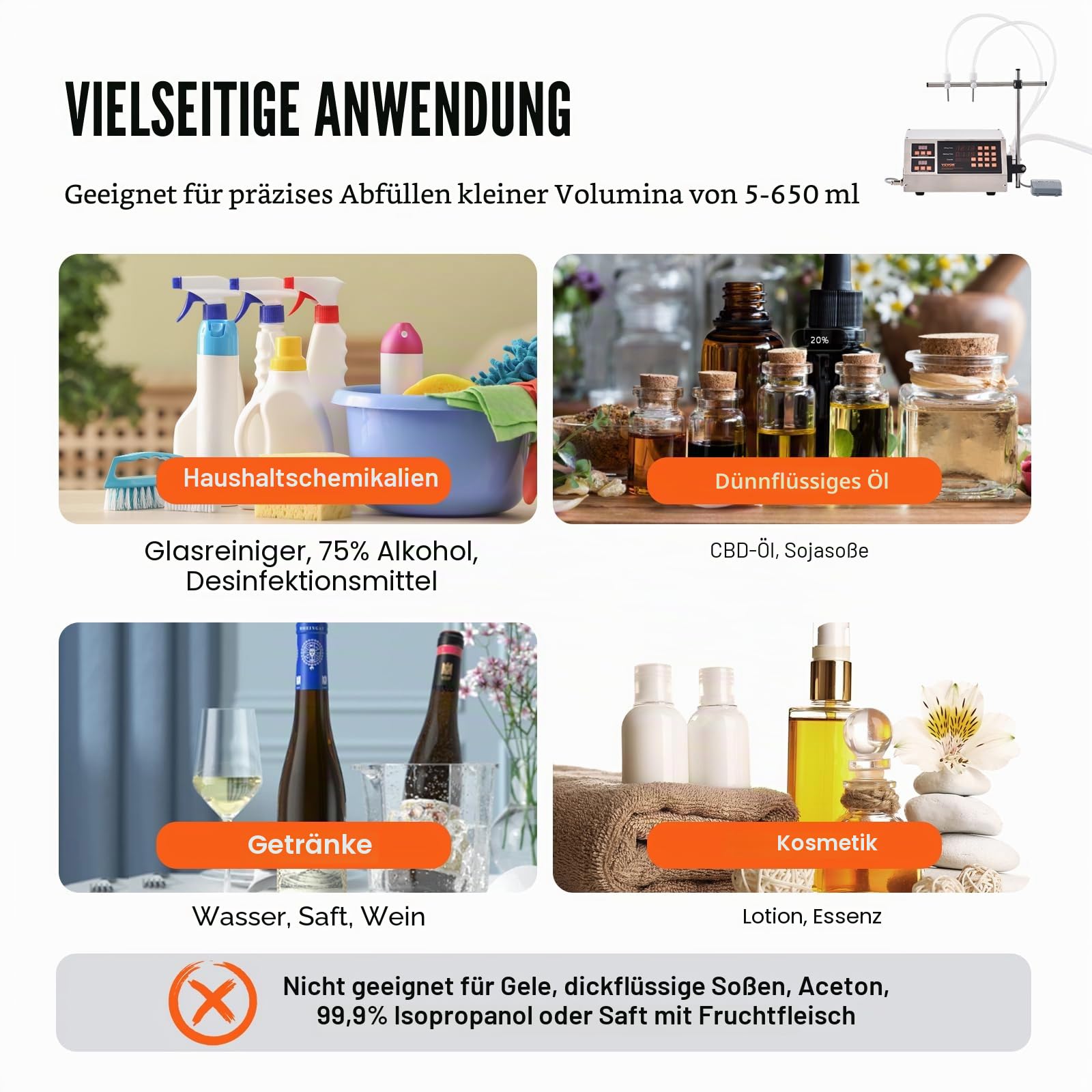 VEVOR Abfüllmaschine Automatisch/Pedalschalter Flüssigkeitsabfüllmaschine 650 ml/min Flaschenabfüllmaschine 340 x 260 x 140 mm Pastenfüllmaschine Edelstahl 201 Füllmaschine Digital Wein Milch usw.