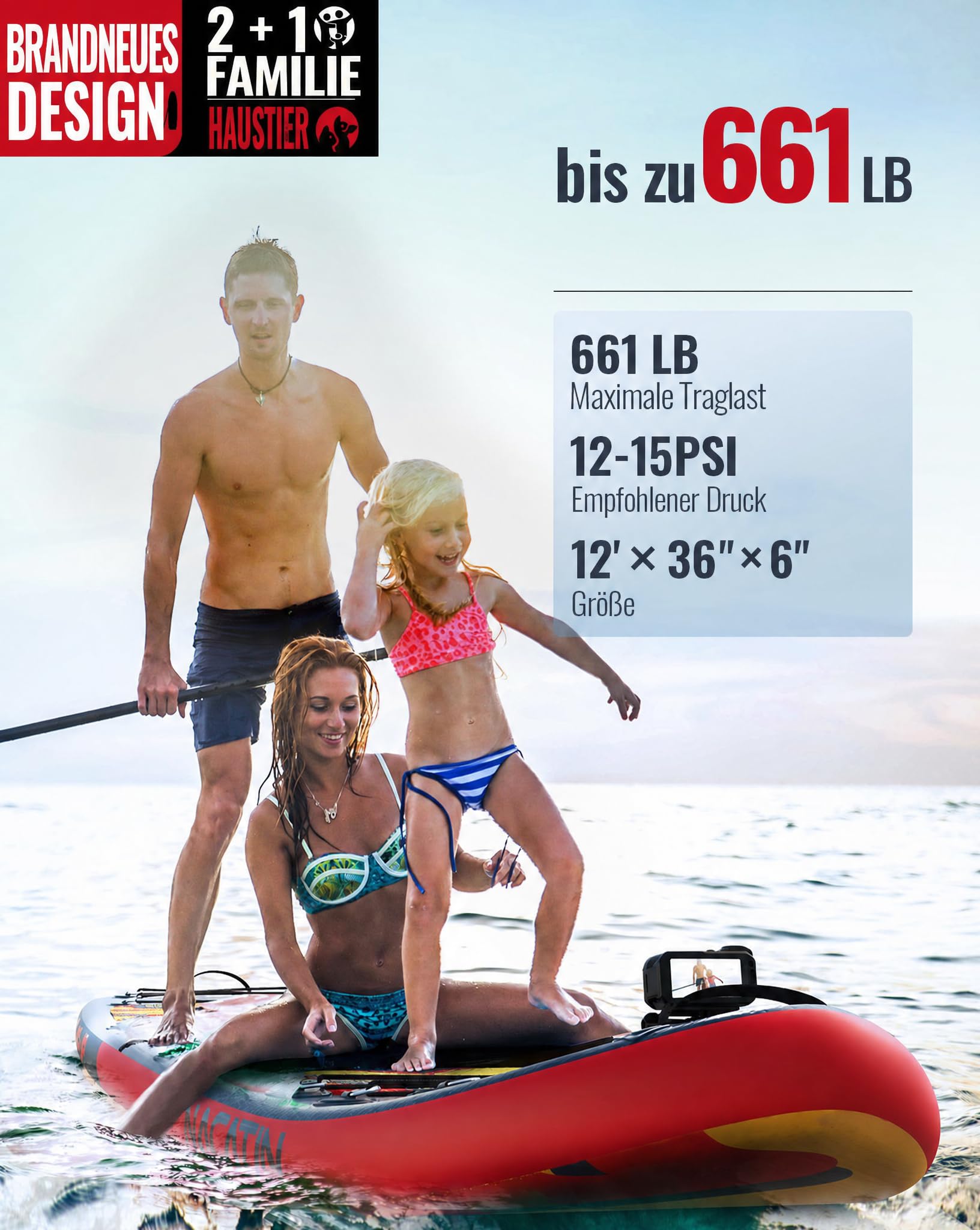 NACATIN 366cm (12ft) aufblasbares SUP Board mit Sitz, breites 91cm (36in) Stand Up Paddling Board für Erwachsene & Familie, mit Einzel-/Doppelpaddel, Kajaksitz, stabiles breites Deck für Anfänger
