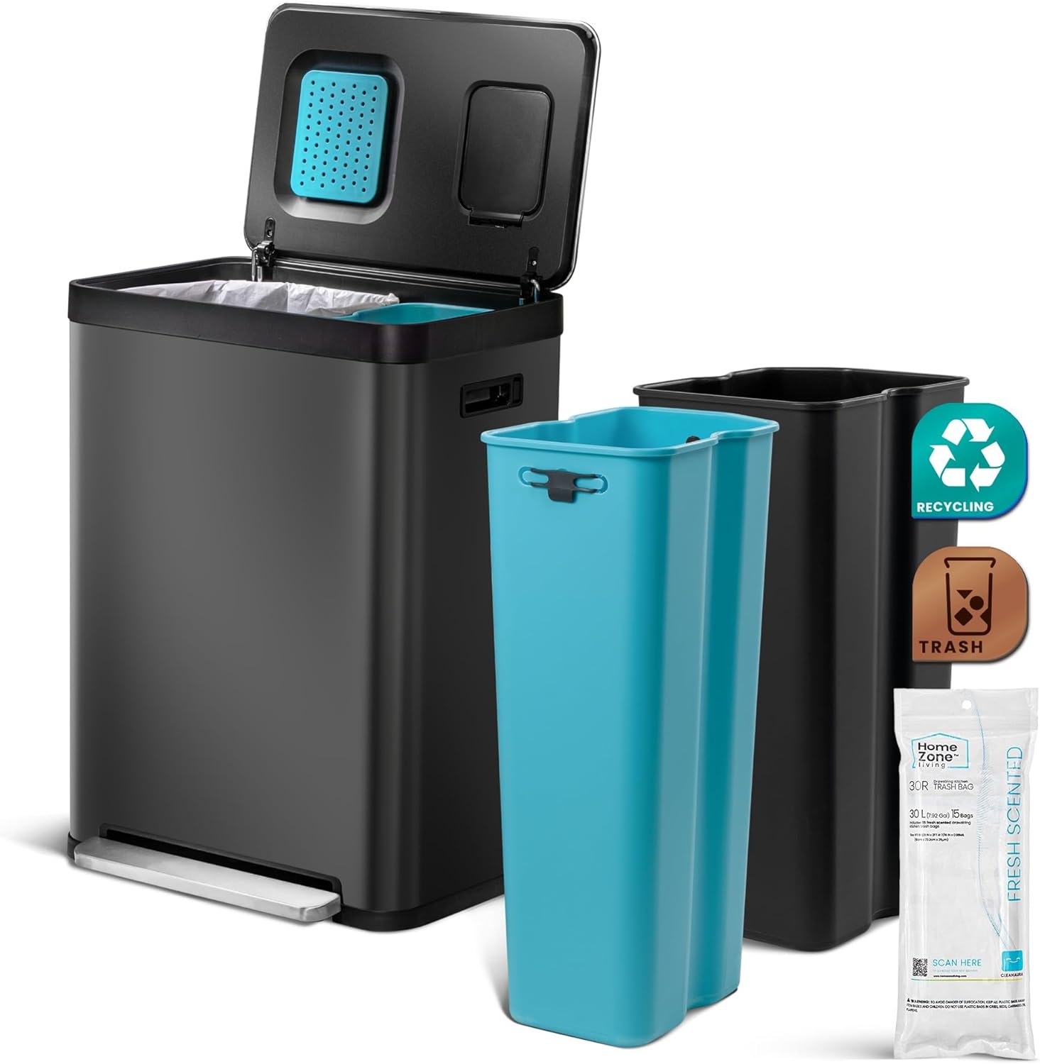 Home Zone Living 16 Gallon Kitchen Trash Can with Dual Compartments for Recycling, CleanAura Odor Control, Stainless Steel, Matte Black, 60 Liters Total
