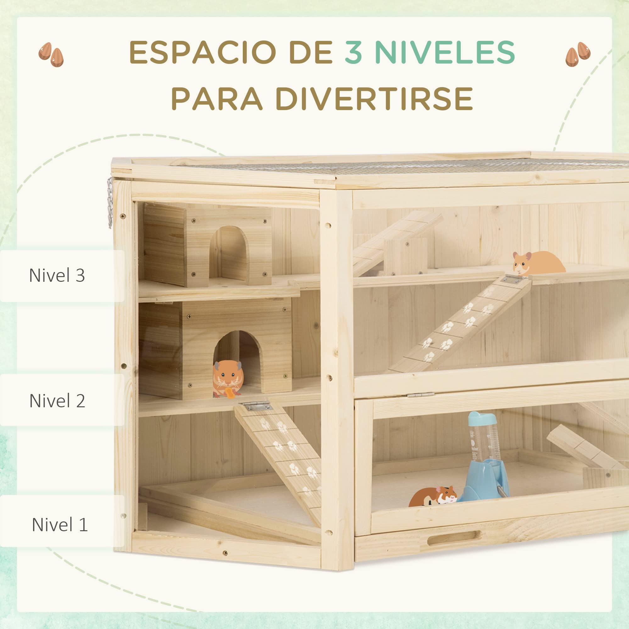 PawHut Jaula de Madera para Hámster 115x60x55 cm Casa para Roedores con 3 Niveles Techo Abatible Bandeja Extraíble Bebedero y 3 Rampas Natural