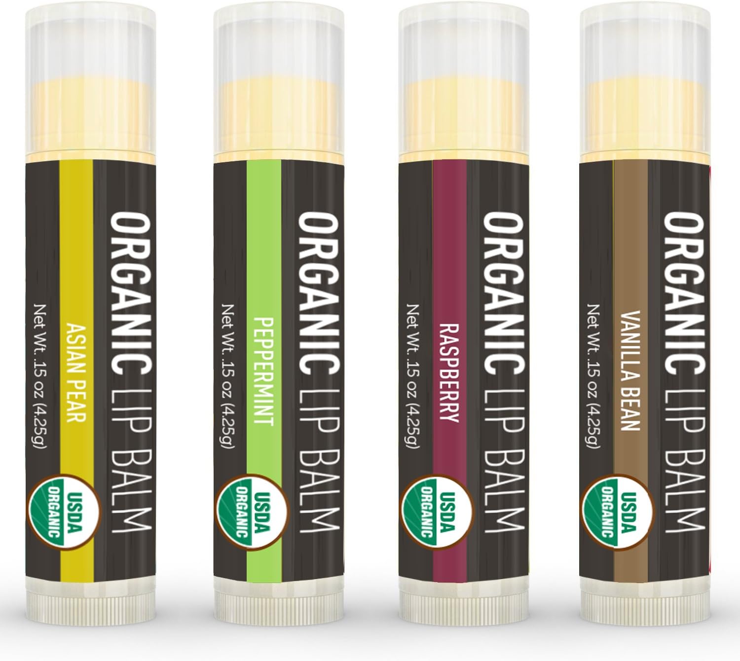 La Lune Naturals USDA Certified Natural Beeswax Vanilla Bean, Raspberry, Asian Pear, Peppermint Lip Balm for Kids and Babies -Pack of 4
