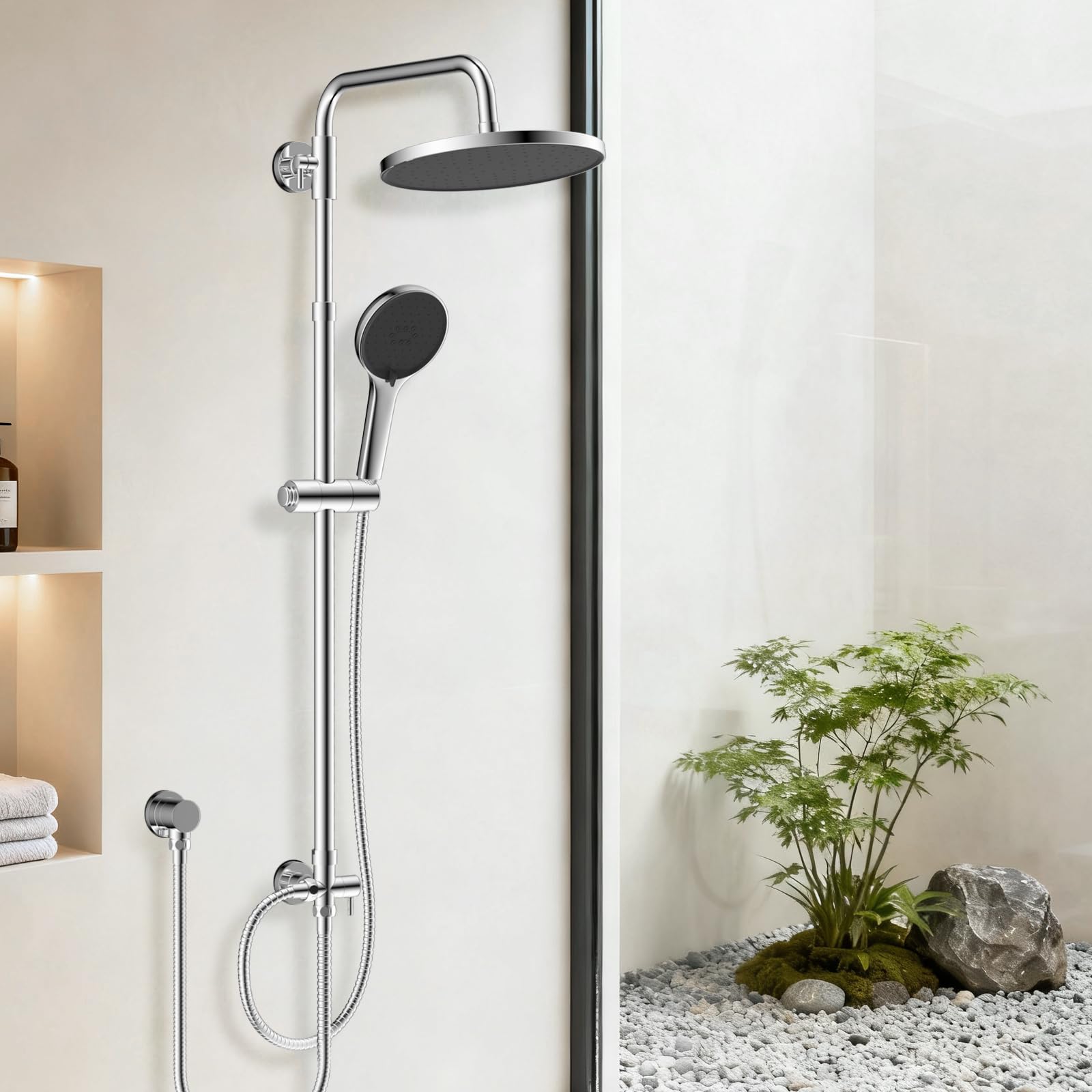 Hibbent Adjustable Shower Riser Rail Kit with 10" Self-Cleaning Shower Head,Handheld Shower with Rotating Bracket, Shower Set Without Mixer Anti-Leak Hose, Easy Install, Brass Diverter,Chrome