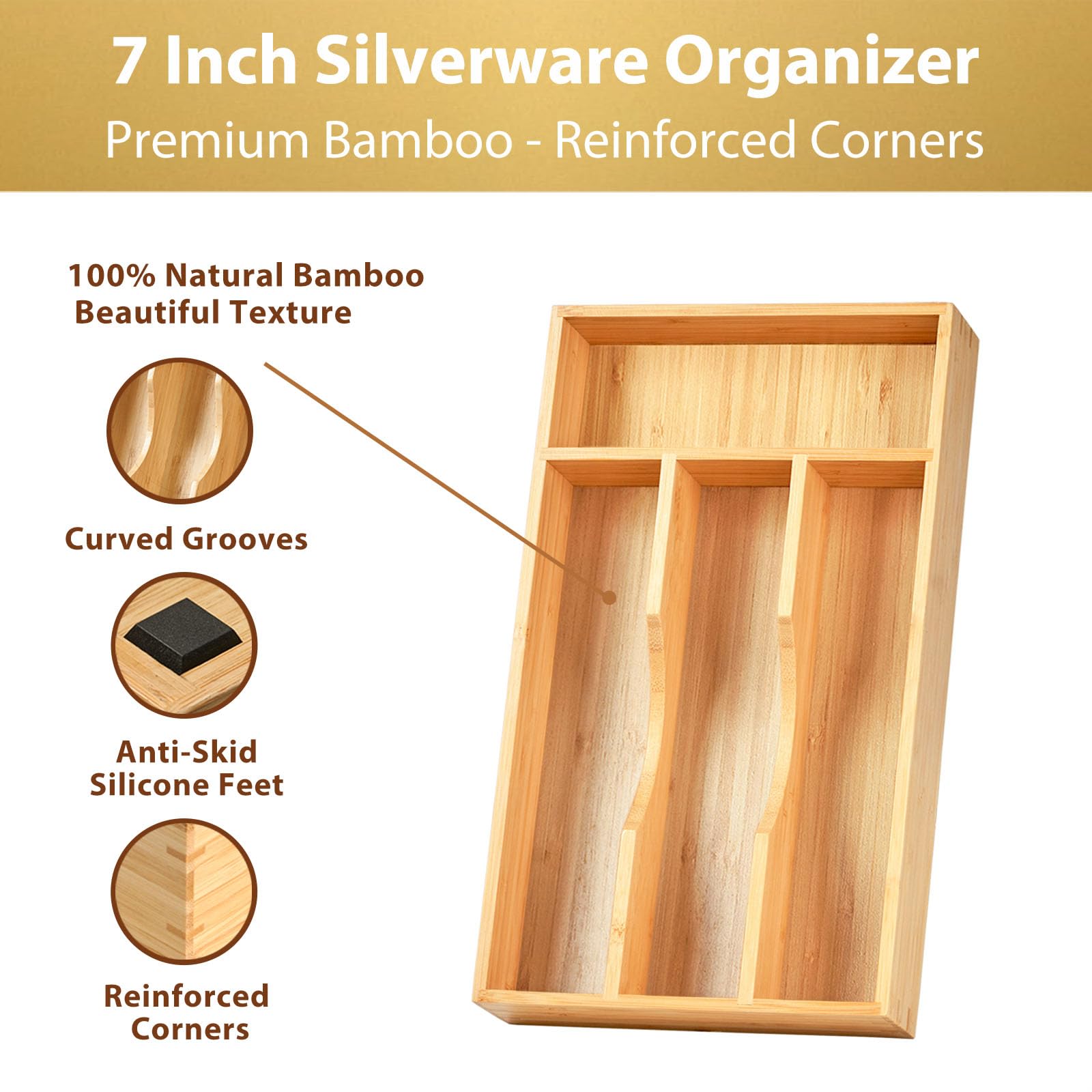 Umilife Organizer per cassetti da cucina in bambù, 17,8 cm, vassoio per utensili per piccoli cassetti, contenitore in legno per posate, posate e coltelli