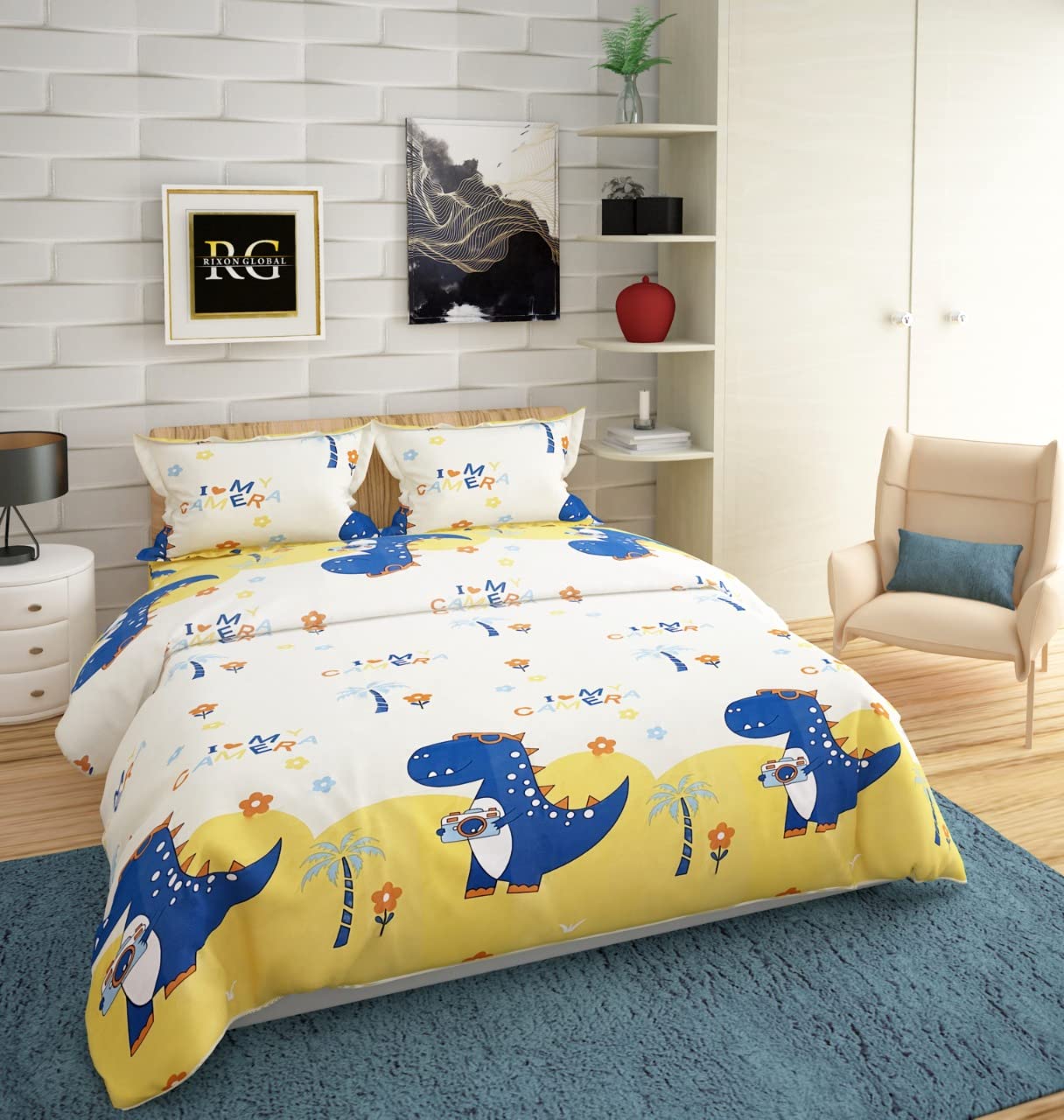 A Next Step Glace Cotton Bedsheets for Double Bed with 2 Pillow Covers , Bedsheet for Living Room, Bedsheet for Hotels, Bedsheet for Home Décor -90X100- Yellow-Dragon