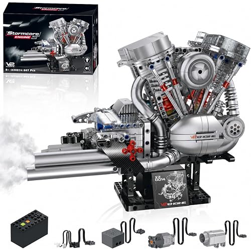 V-Twin Motorcycle Engine Model Kit that Runs,STEM Building Block Set with Motor, Visible Engine Build Kit for Adults 8-14+, Silver