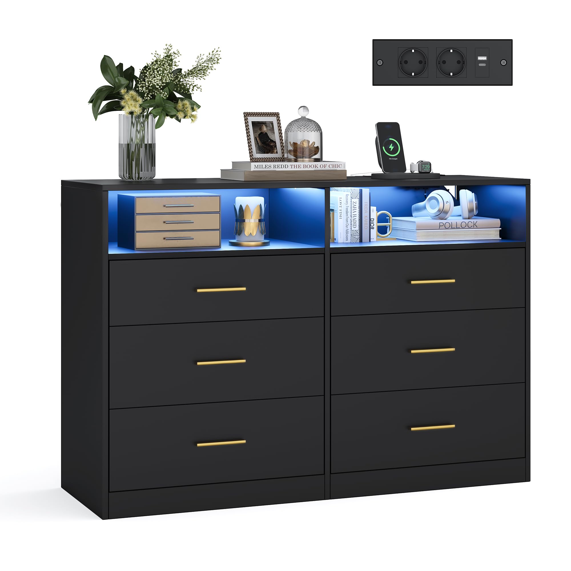 VASAGLE Custos Kollektion - Kommode, Kommodenschrank mit LED-Beleuchtung und Steckdosenleiste, Sideboard, modern, Wohnzimmer, Schlafzimmer, 6 Schubladen, 40 x 119 x 81,2 cm, tintenschwarz LTS316BC01
