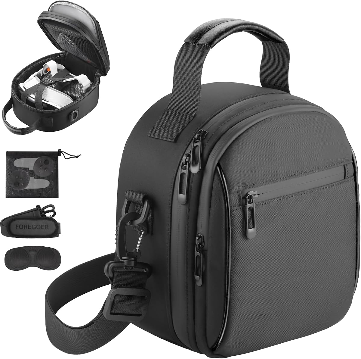 FOREGOER Funda de transporte compatible con Meta Quest 3S/Quest 2/Apple Vision Pro Original Elite Strap, para accesorios Oculus Quest 3/2/Vision Pro (negro)