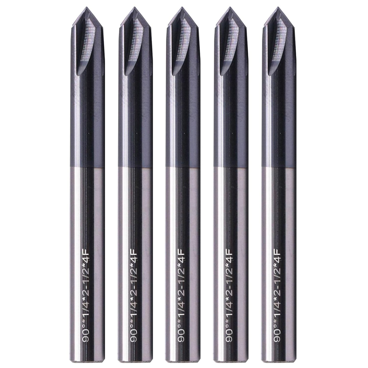 Solid Carbide Chamfer End Mill(5Pcs, 1/4") - AlTiN Coated, 4 Flute, 90° Chamfer Angle, 1/4" Shank 2-1/2" OAL, Single End, V Groove Router Bit for Milling Alloy Steel, Hardened Steel, Iron, Copper