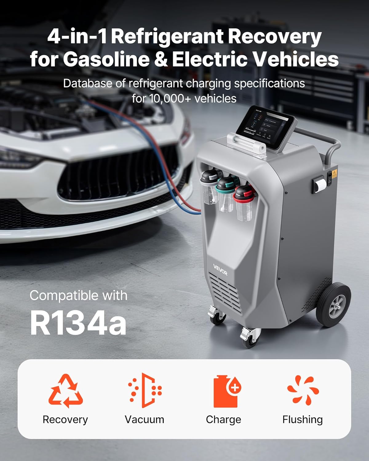 VEVOR Fully Automatic Refrigerant Recovery Machine for R134a, ≥98.5% Accuracy, 10.1-Inch Touch Screen, AC Recovery, Vacuum, Recharging and Flushing for Standard & High Voltage Automotive A/C Systems