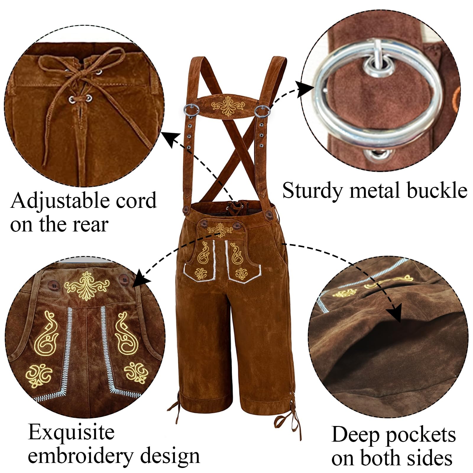Lederhosen spodnie skórzane, męskie spodnie Oktoberfest, spodnie skórzane, bawarskie, brązowe