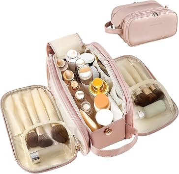 3 Tier Large Capacity Cosmetic Makeup Bag with Double Zipper and Wide Opening Portable Travel Organizer for Makeup and Toiletries Pink