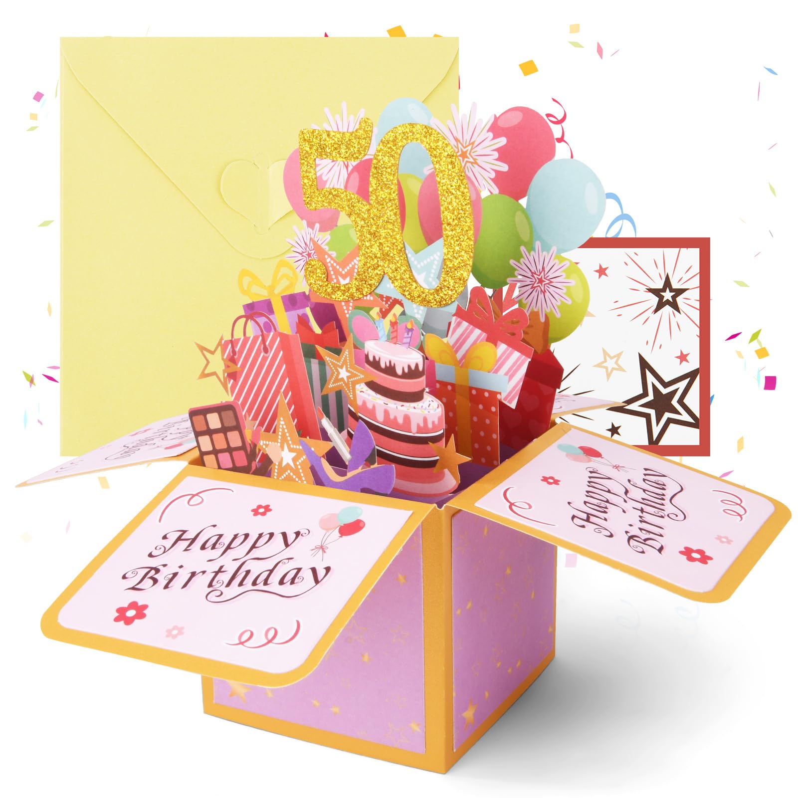 OFFCUP 50. Geburtstagskarte 3D Grußkarte zum 50. Geburtstag Pop Up Karte mit Umschlag Happy Birthday Geburtstagskarten Geburtstagsgeschenk für Frauen Kinder Freundin Männer (Gold Pink)